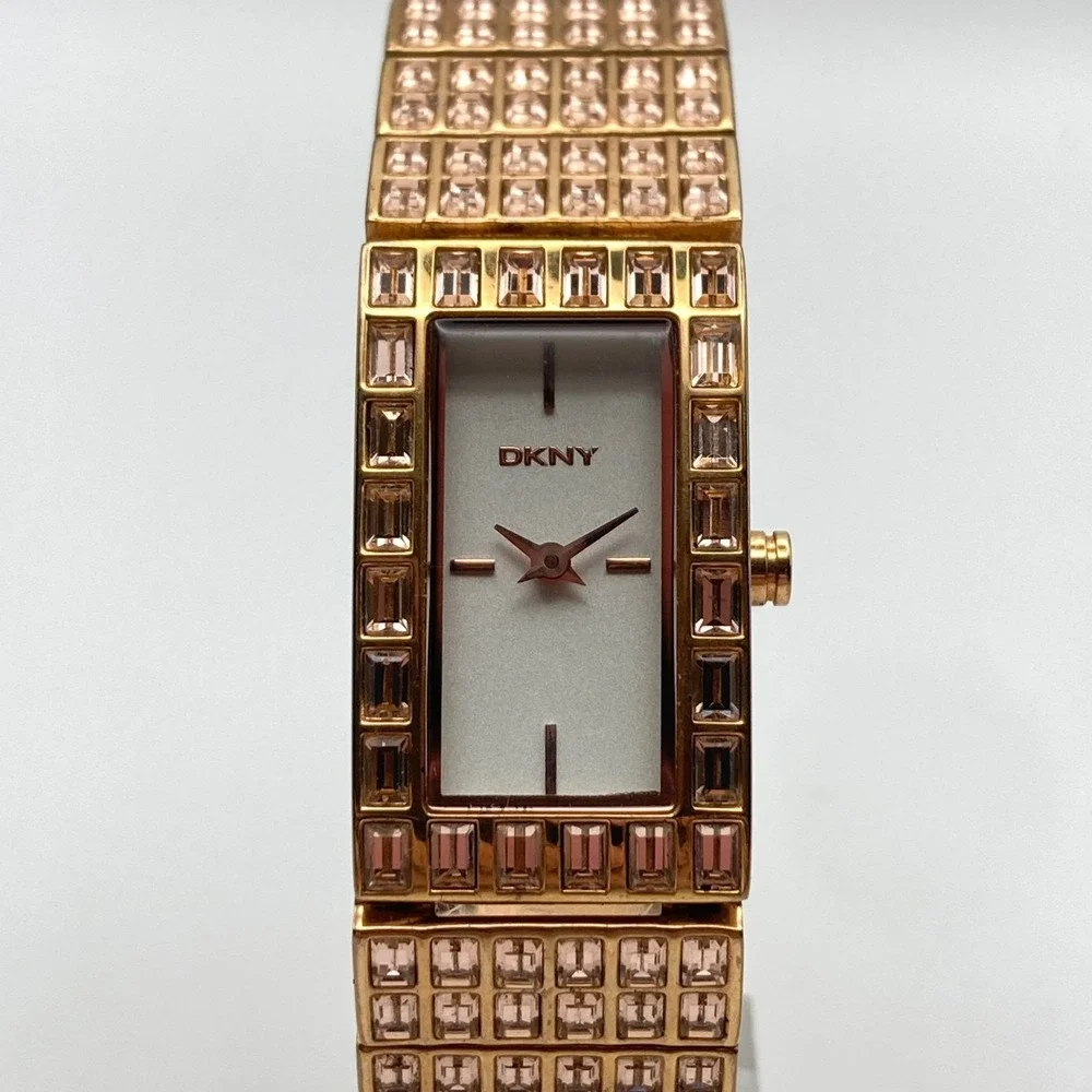 DKNY Women's Tank Watch 18mm Rose Gold Tone Champaign Crystals New Battery 7.25